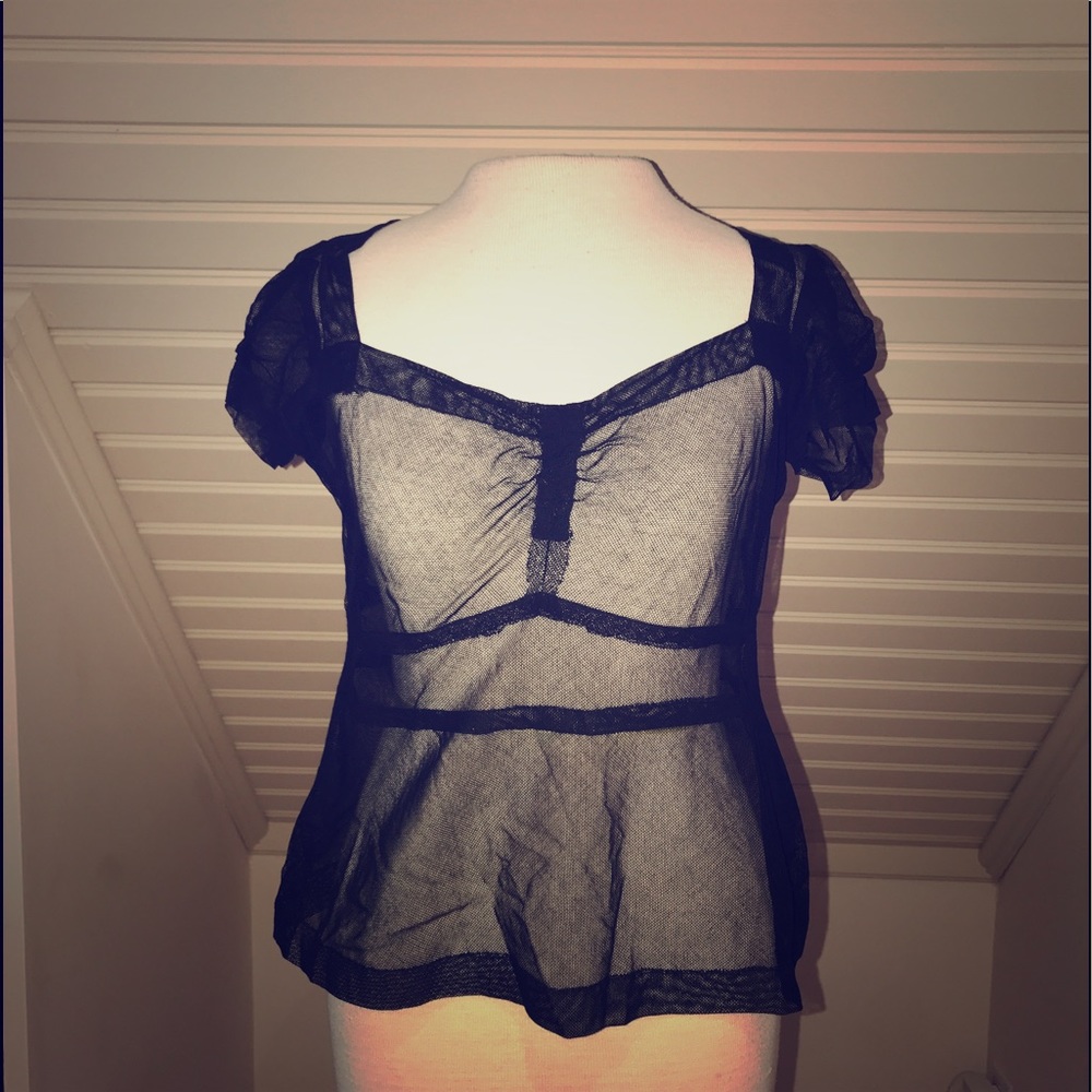 Sheer navy net top Bergdorf Goodman